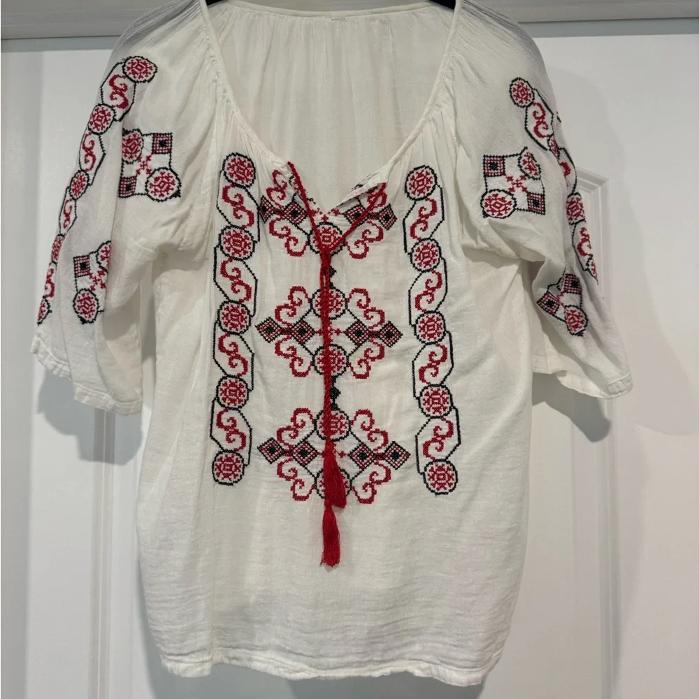 Embroidered Ukrainian Vyshyvanka Peasant Blouse with 3/4 Sleeves - Picture 2 of 3